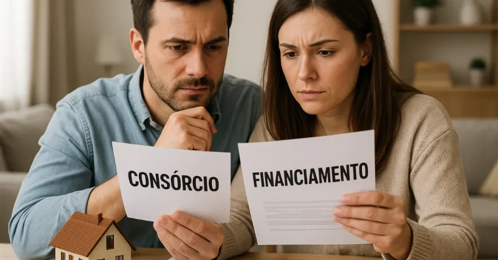 Casal analisando papéis com as opções Consórcio e Financiamento em uma mesa, com expressão séria e modelo de casa ao lado, representando decisão sobre compra de imóvel.