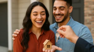 Casal sorridente recebendo as chaves da casa própria, com a mulher segurando uma miniatura de casa e o homem abraçando-a em frente à nova residência.