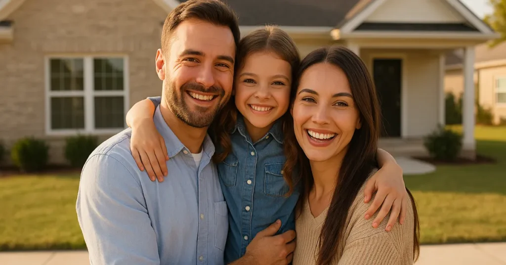 Família comemorando a conquista de um bem através do consórcio para iniciantes.