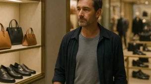 Homem simples com expressão serena, caminhando em uma loja de luxo sem comprar nada, representando as coisas que os ricos evitam comprar.