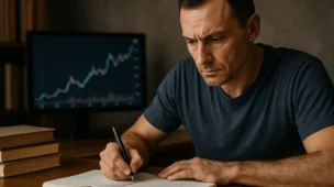 Homem simples escrevendo em um caderno com expressão determinada, cercado por livros e uma tela com gráfico de investimentos, representando hábitos que levaram à riqueza