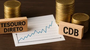 Imagem com moedas douradas empilhadas, blocos de madeira com os nomes Tesouro Direto e CDB e um gráfico de linha crescente ao centro, simbolizando comparação de investimentos.