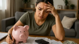 Mulher segurando cofrinho rosa, preocupada com contas, em ambiente simples, representando esforço para economizar ganhando pouco.
