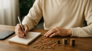 Pessoa simples anotando gastos em um caderno ao lado de moedas e um celular, representando o desafio de fazer sobrar dinheiro com salário mínimo.