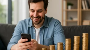 Pessoa sorrindo enquanto confere o celular ao lado de gráficos e moedas, representando ganhos com fundos imobiliários sem ser dono de imóvel.