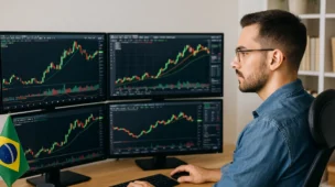 Trader brasileiro operando na Apex Trader Funding com telas de gráficos em home office