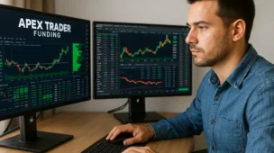 Trader brasileiro operando no computador com gráficos da Apex Trader Funding