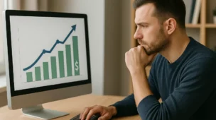 Homem analisando gráfico em simulador financeiro no computador